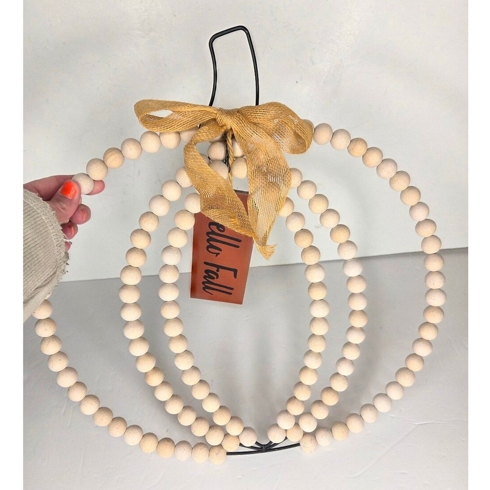 Large Wood Beaded Pumpkin‎ Wreath with Burlap Bow Hello Fall Thanksgiving Decor